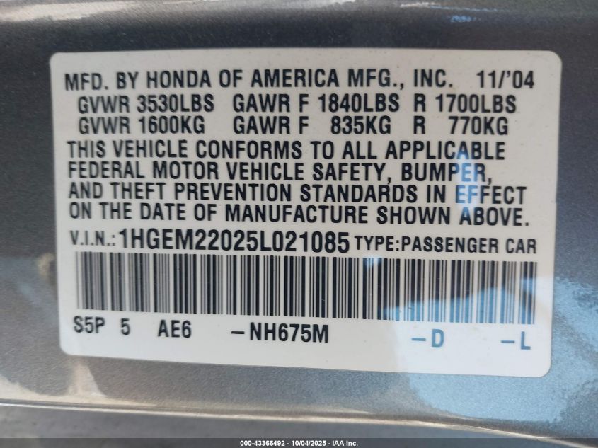 2005 Honda Civic Ex VIN: 1HGEM22025L021085 Lot: 43366492