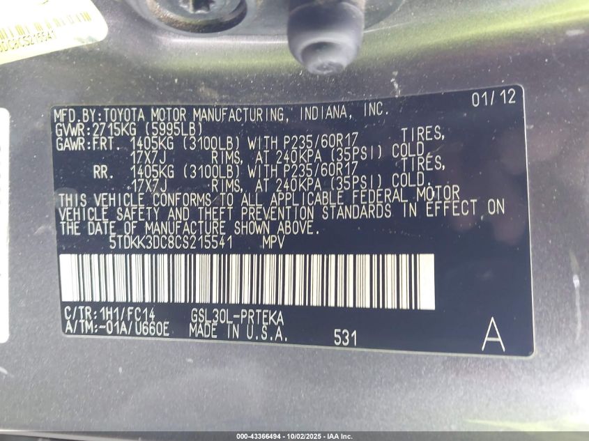 2012 Toyota Sienna Le V6 8 Passenger VIN: 5TDKK3DC8CS215541 Lot: 43366494