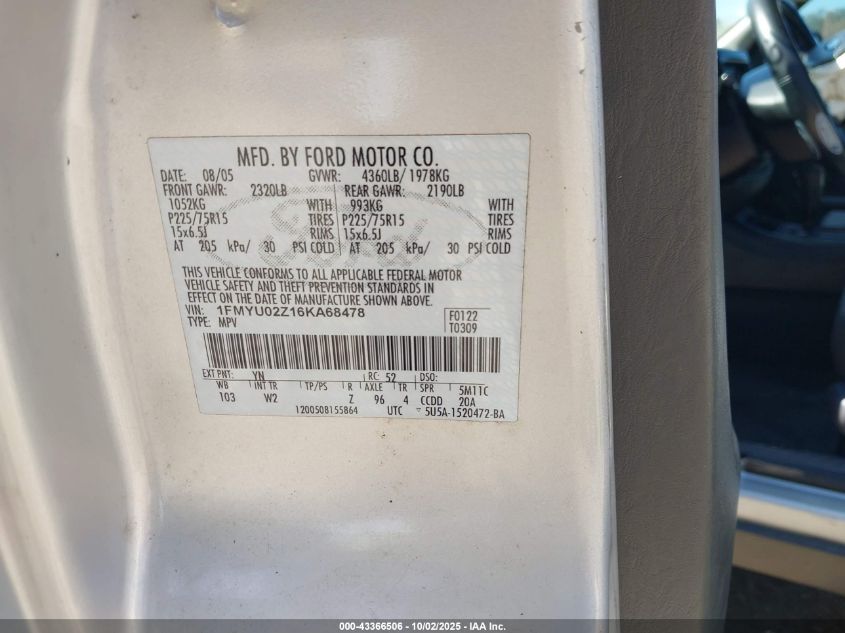 2006 Ford Escape Xls/Xls Manual VIN: 1FMYU02Z16KA68478 Lot: 43366506