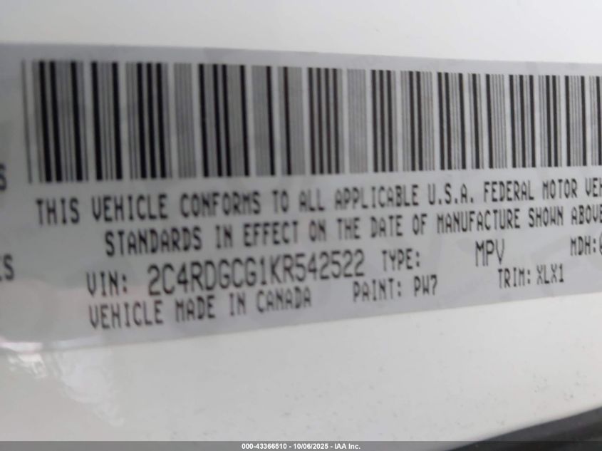 2019 Dodge Grand Caravan Sxt VIN: 2C4RDGCG1KR542522 Lot: 43366510