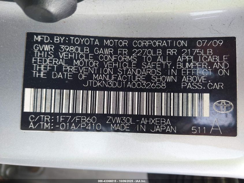 2010 Toyota Prius Iii VIN: JTDKN3DU1A0032658 Lot: 43366515