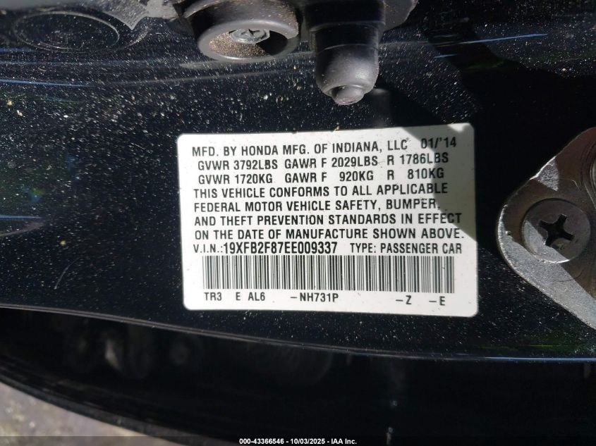 2014 Honda Civic Ex VIN: 19XFB2F87EE009337 Lot: 43366546