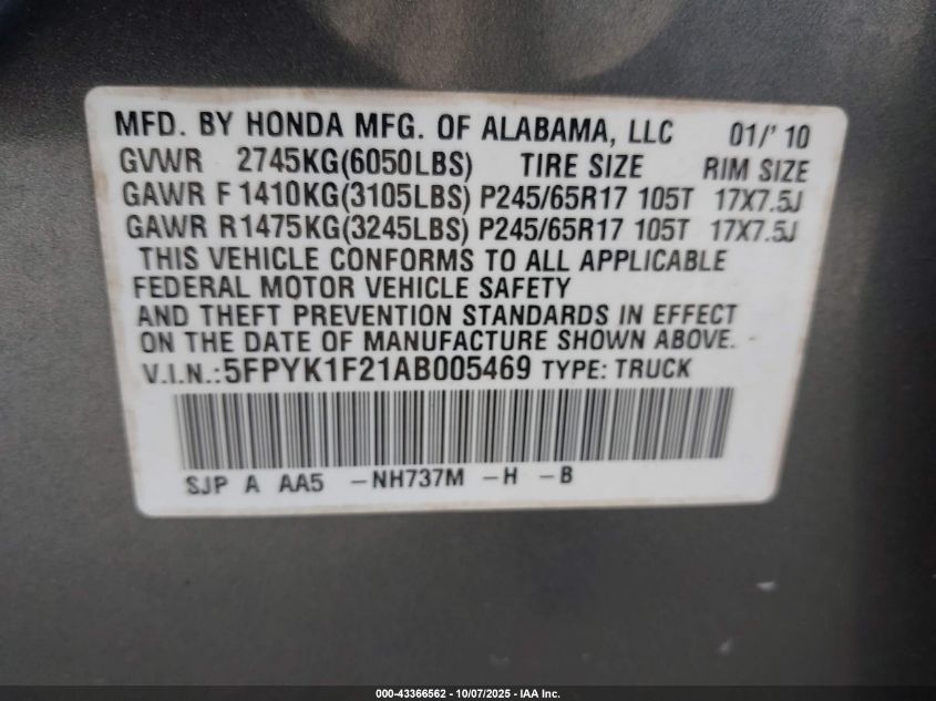 2010 Honda Ridgeline Rt VIN: 5FPYK1F21AB005469 Lot: 43366562