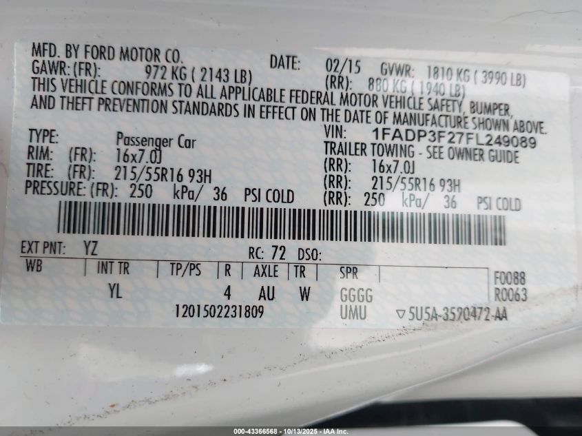 2015 Ford Focus Se VIN: 1FADP3F27FL249089 Lot: 43366568