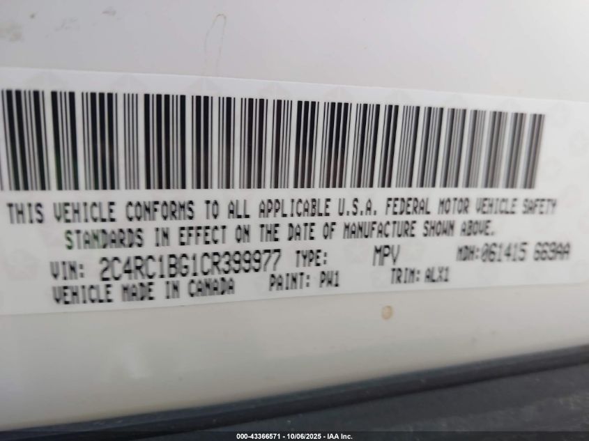 2012 Chrysler Town & Country Touring VIN: 2C4RC1BG1CR399977 Lot: 43366571