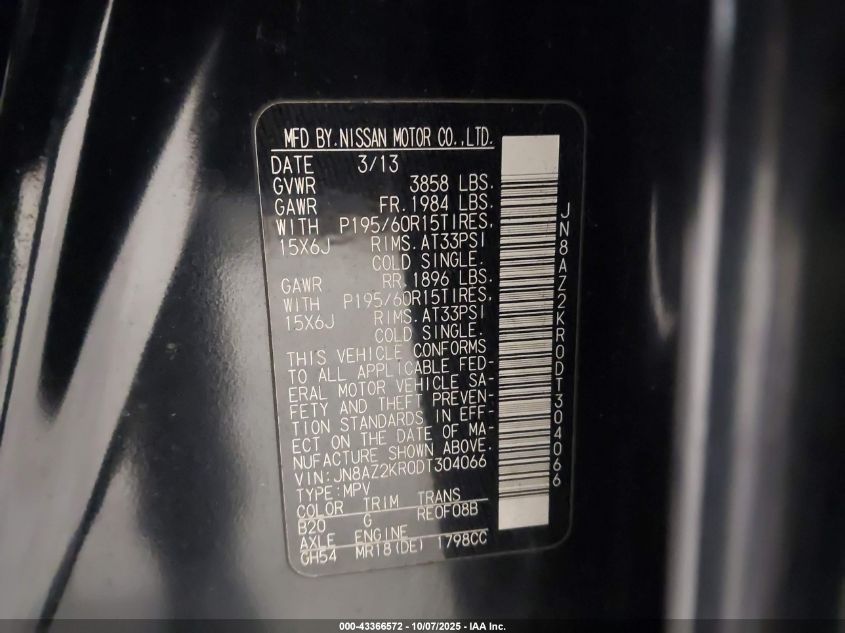 2013 Nissan Cube 1.8 S VIN: JN8AZ2KR0DT304066 Lot: 43366572