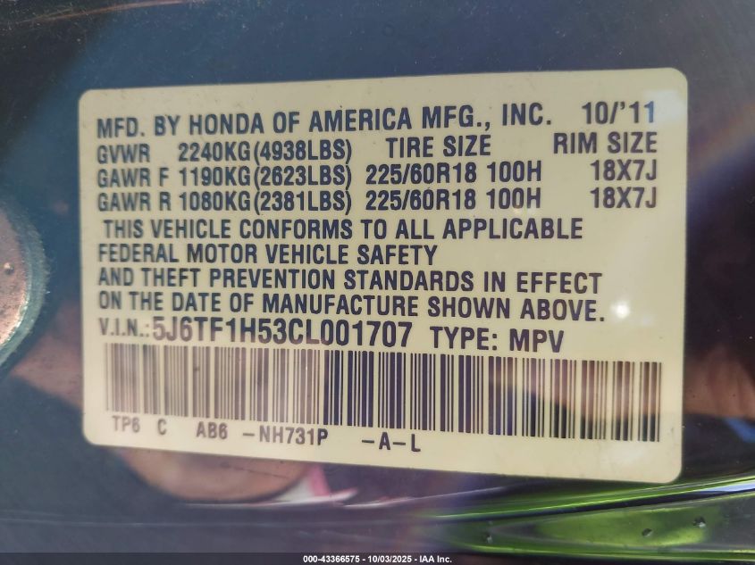 2012 Honda Crosstour Ex-L VIN: 5J6TF1H53CL001707 Lot: 43366575