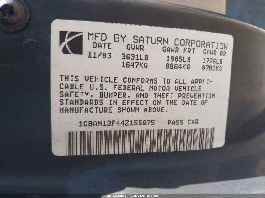 2004 Saturn Ion 2 VIN: 1G8AN12F44Z155675 Lot: 43366579
