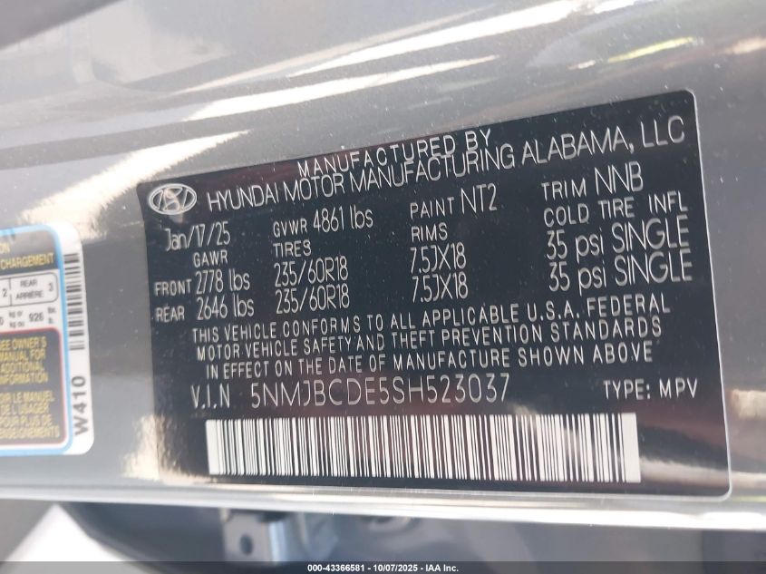 2025 Hyundai Tucson Sel VIN: 5NMJBCDE5SH523037 Lot: 43366581
