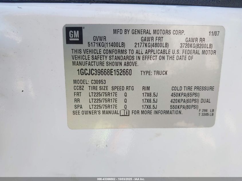 2008 Chevrolet Silverado 3500Hd Lt1 VIN: 1GCJC39668E152660 Lot: 43366582