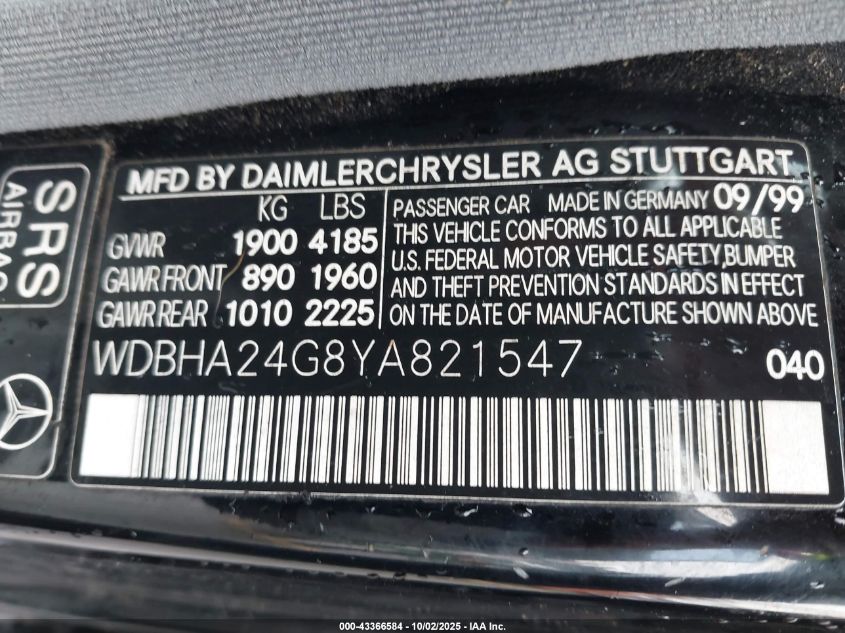 2000 Mercedes-Benz C 230 Kompressor VIN: WDBHA24G8YA821547 Lot: 43366584