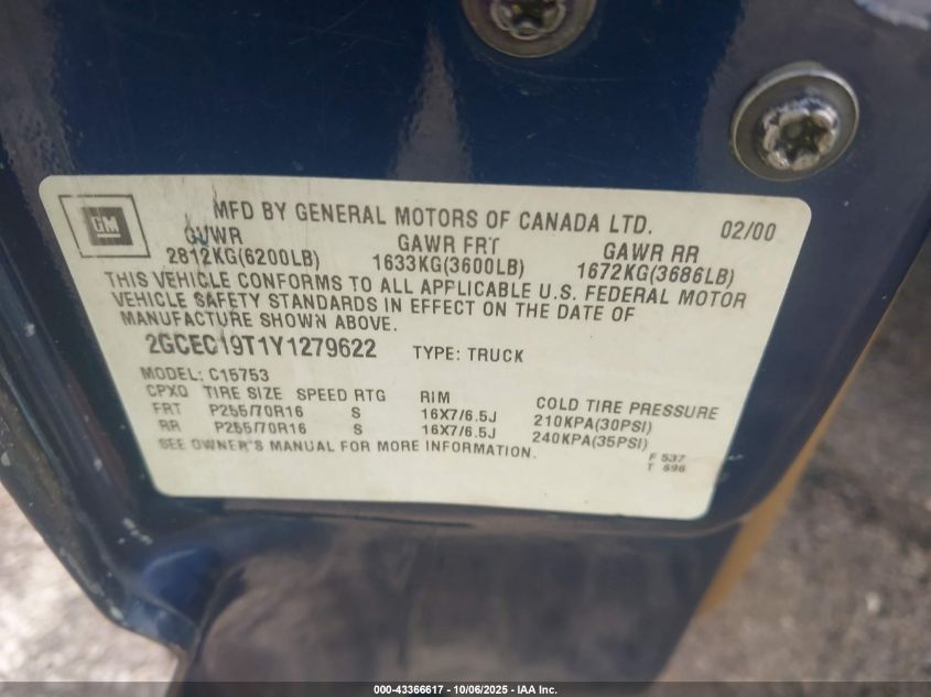 2000 Chevrolet Silverado 1500 Ls VIN: 2GCEC19T1Y1279622 Lot: 43366617