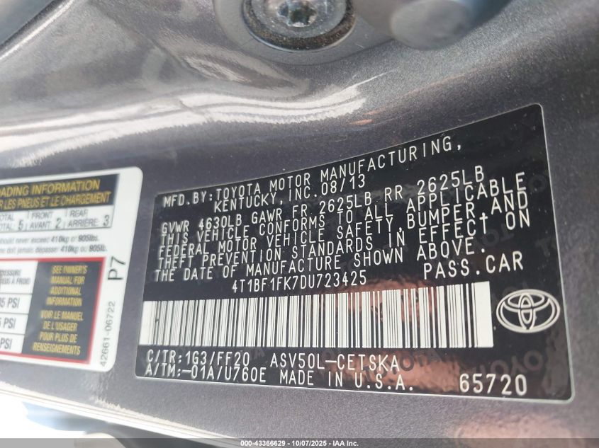 2013 Toyota Camry Se VIN: 4T1BF1FK7DU723425 Lot: 43366629