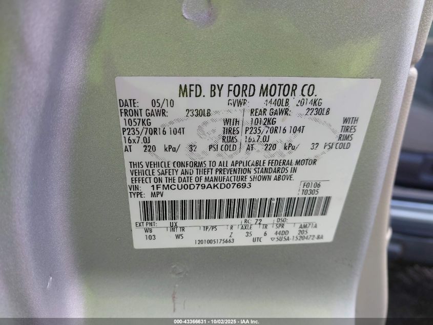 2010 Ford Escape Xlt VIN: 1FMCU0D79AKD07693 Lot: 43366631