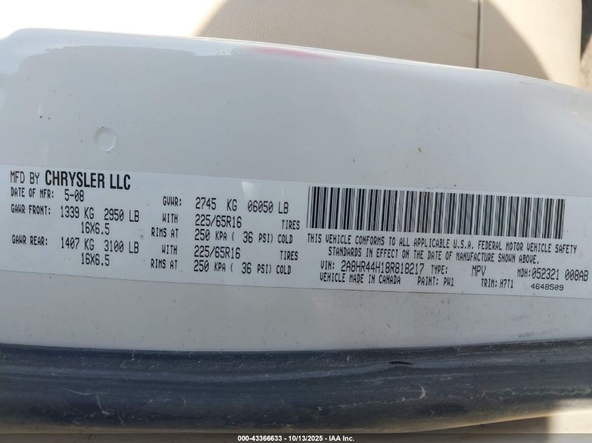 2008 Chrysler Town & Country Lx VIN: 2A8HR44H18R818217 Lot: 43366633