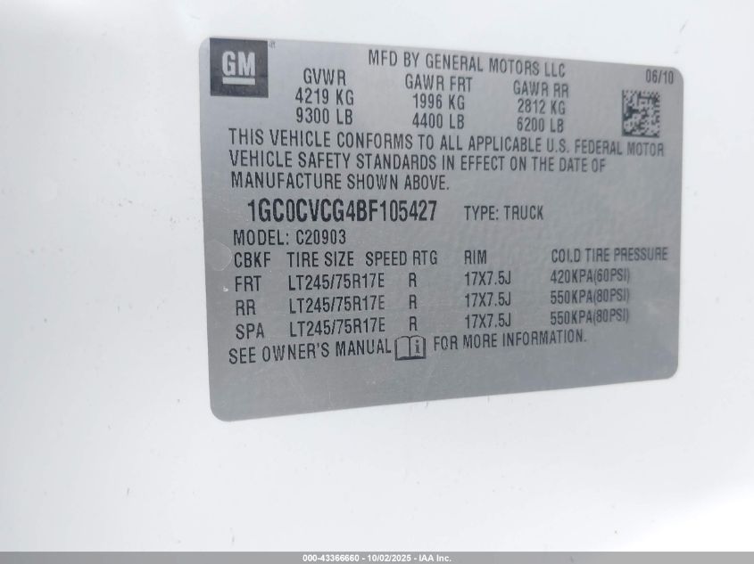 2011 Chevrolet Silverado 2500Hd Work Truck VIN: 1GC0CVCG4BF105427 Lot: 43366660