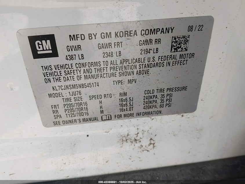 2022 CHEVROLET TRAX AWD LS KL7CJNSM5NB545174