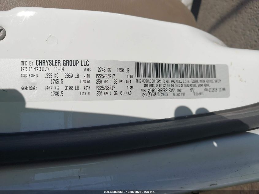 2015 Chrysler Town & Country Touring VIN: 2C4RC1BG8FR618342 Lot: 43366668