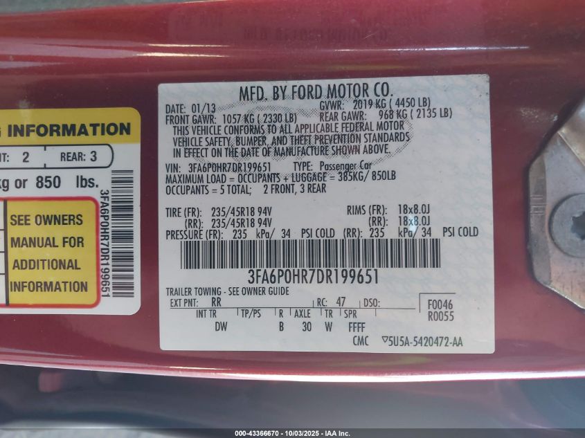 2013 Ford Fusion Se VIN: 3FA6P0HR7DR199651 Lot: 43366670