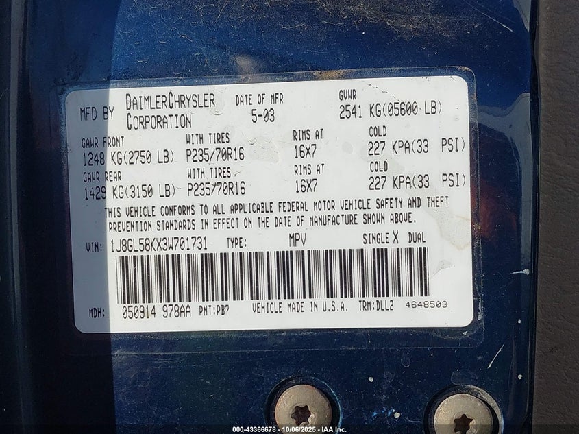 2003 Jeep Liberty Limited Edition VIN: 1J8GL58KX3W701731 Lot: 43366678