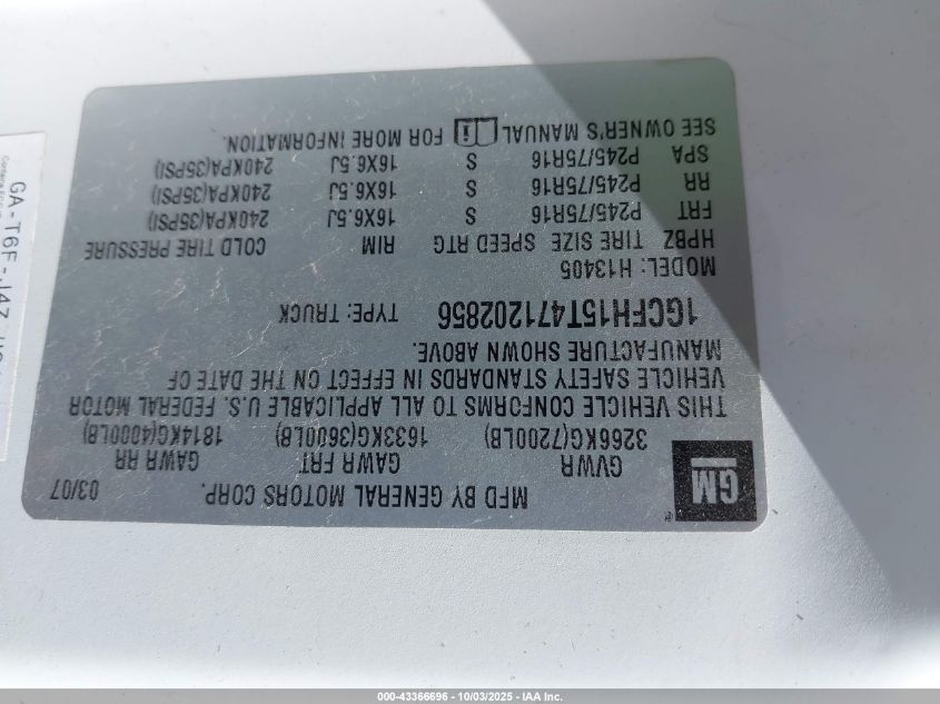 2007 Chevrolet Express Work Van VIN: 1GCFH15T471202856 Lot: 43366696