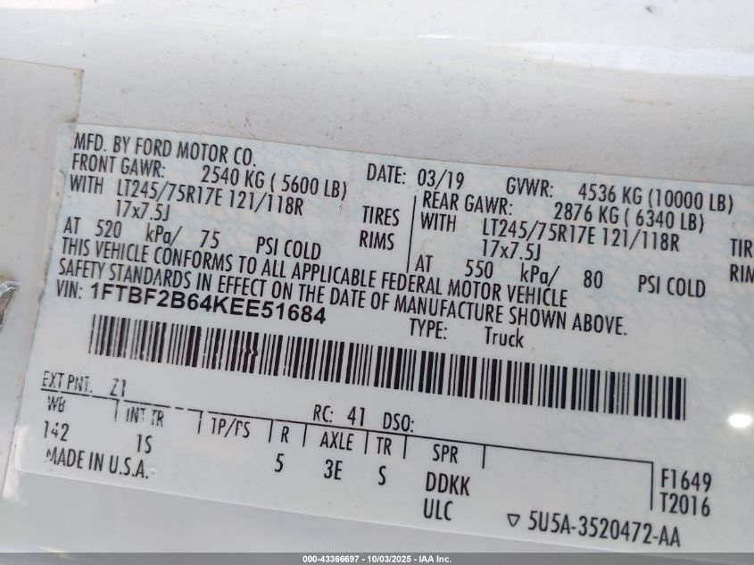 2019 Ford F-250 Xl VIN: 1FTBF2B64KEE51684 Lot: 43366697