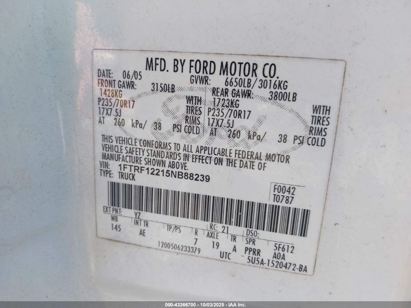 2005 Ford F-150 Stx/Xl/Xlt VIN: 1FTRF12215NB88239 Lot: 43366700