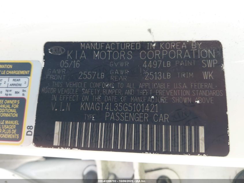2016 Kia Optima Lx VIN: KNAGT4L35G5101421 Lot: 43366702