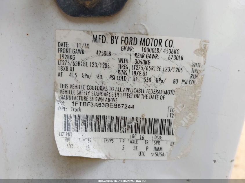 2011 Ford F-350 Xl VIN: 1FTBF3A63BEB67244 Lot: 43366706