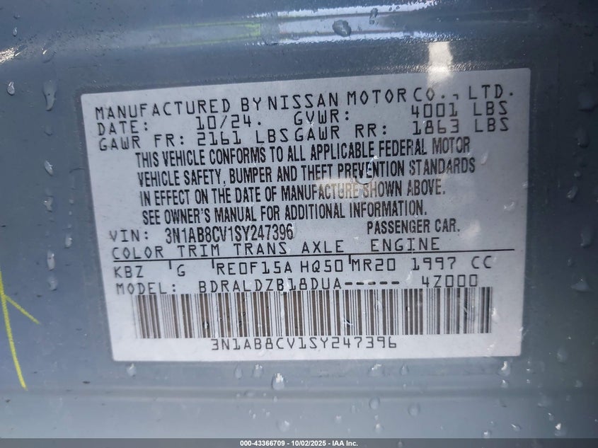 2025 Nissan Sentra Sv VIN: 3N1AB8CV1SY247396 Lot: 43366709