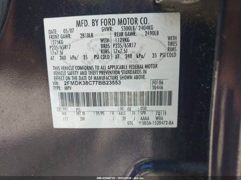 2007 Ford Edge Sel VIN: 2FMDK38C77BB23553 Lot: 43366710