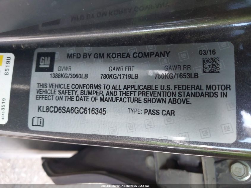 2016 Chevrolet Spark 1Lt Cvt VIN: KL8CD6SA6GC616345 Lot: 43366712