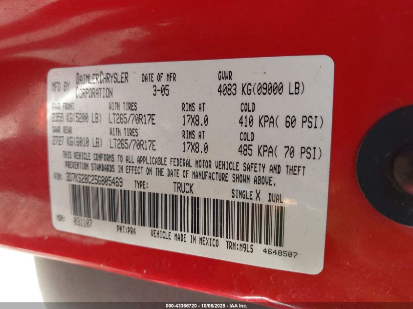 2005 Dodge Ram 2500 Slt/Laramie VIN: 3D7KS28C25G805469 Lot: 43366720