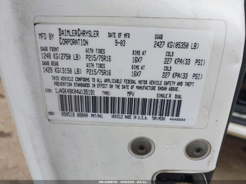 2004 Jeep Liberty Sport VIN: 1J4GK48K04W135191 Lot: 43366740