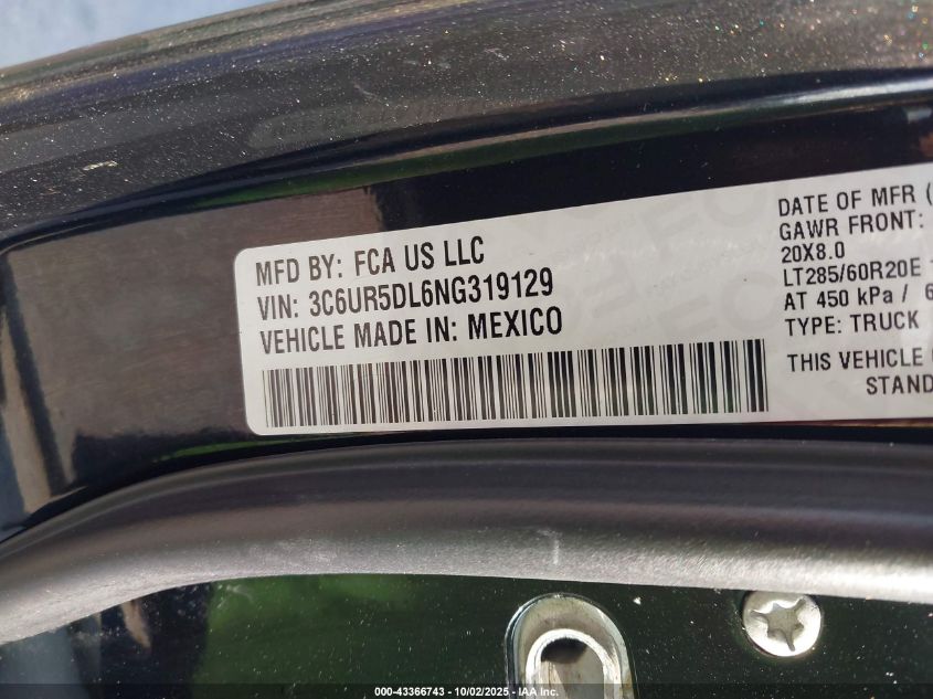 2022 Ram 2500 Big Horn 4X4 6'4 Box VIN: 3C6UR5DL6NG319129 Lot: 43366743