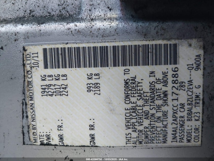 2012 Nissan Altima 2.5 S VIN: 1N4AL2APXCC172886 Lot: 43366750