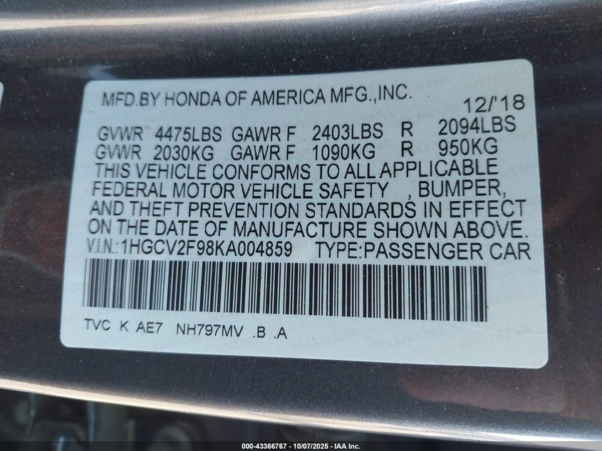 2019 HONDA ACCORD TOURING 2.0T 1HGCV2F98KA004859