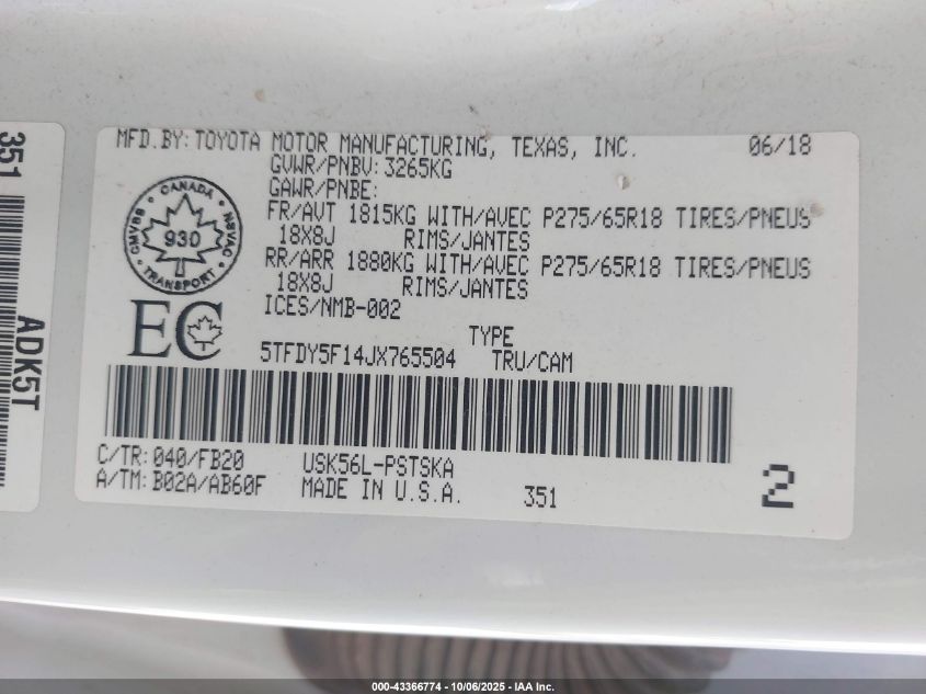 2018 TOYOTA TUNDRA SR5 PLUS 5.7L V8 5TFDY5F14JX765504