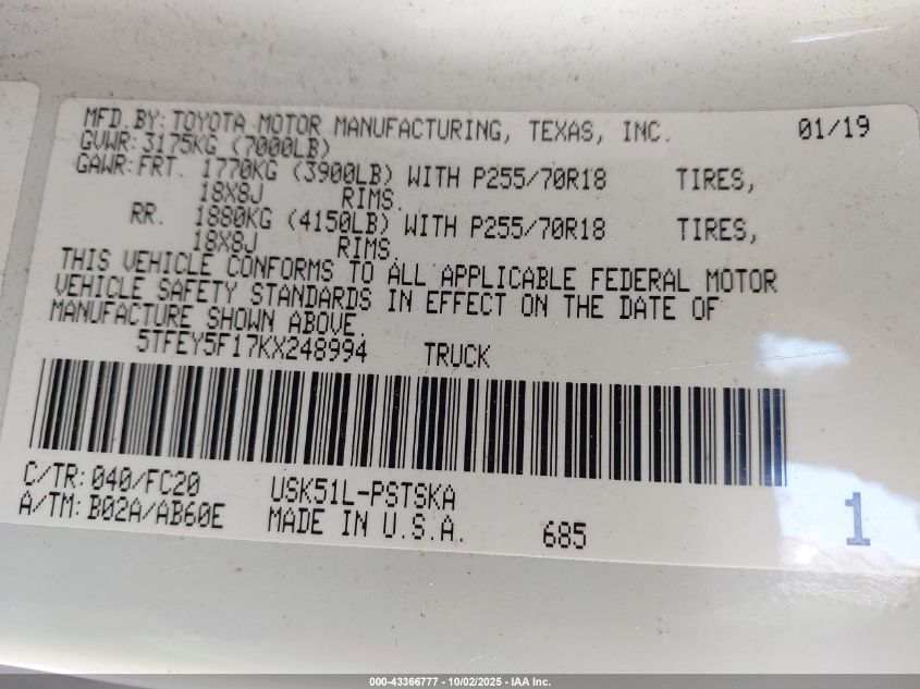 2019 Toyota Tundra Sr5 5.7L V8 VIN: 5TFEY5F17KX248994 Lot: 43366777