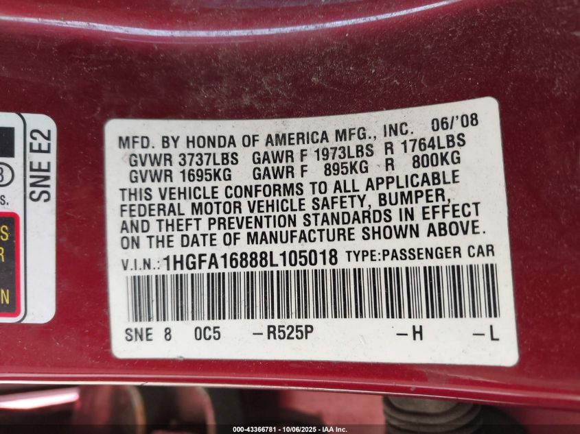 2008 Honda Civic Ex VIN: 1HGFA16888L105018 Lot: 43366781
