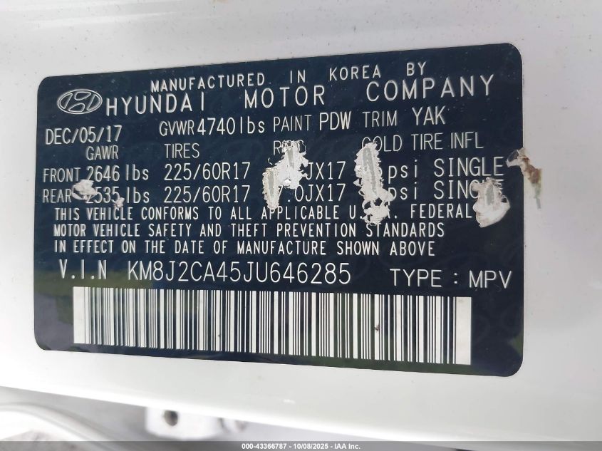 2018 Hyundai Tucson Se VIN: KM8J2CA45JU646285 Lot: 43366787