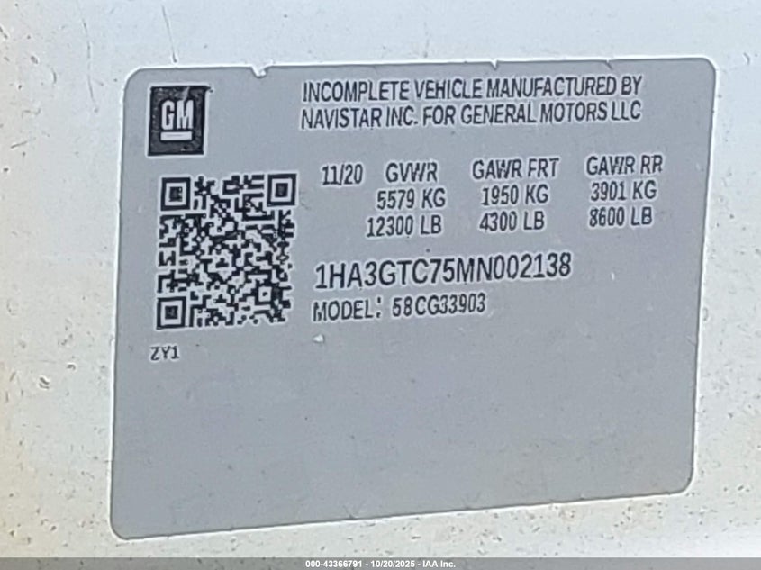 2021 Chevrolet Express Cutaway Work Van VIN: 1HA3GTC75MN002138 Lot: 43366791