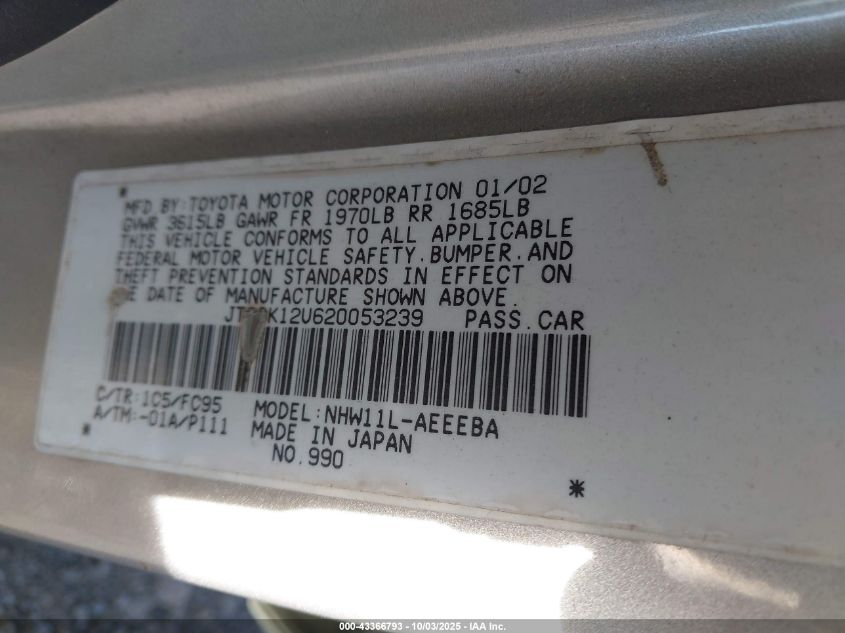 2002 Toyota Prius VIN: JT2BK12U620053239 Lot: 43366793