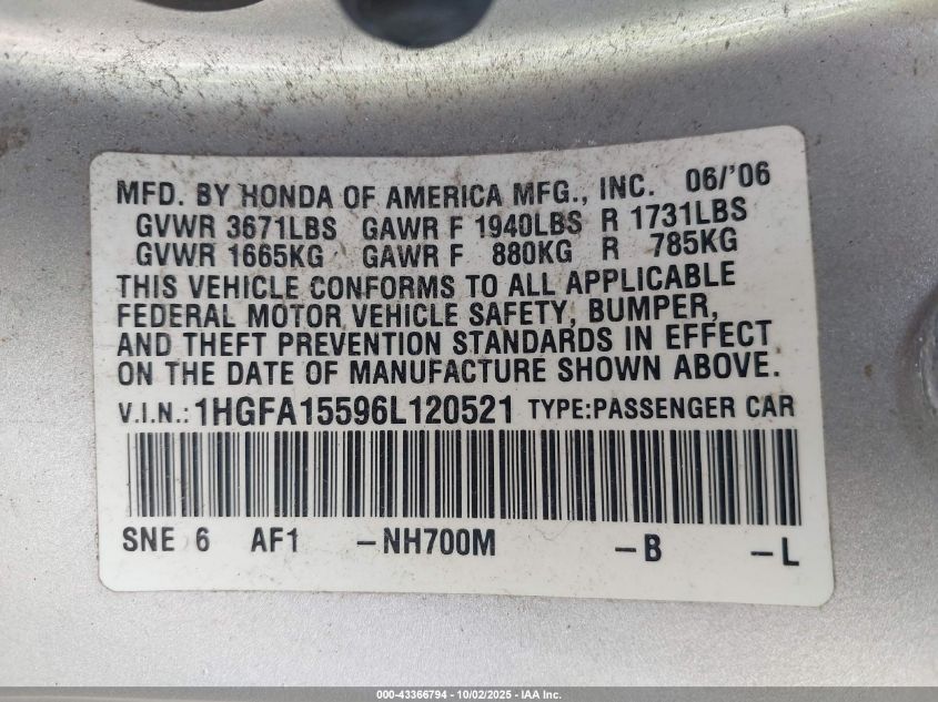 2006 Honda Civic Lx VIN: 1HGFA15596L120521 Lot: 43366794