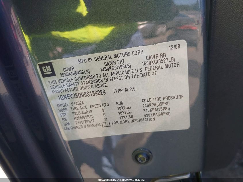 2009 Chevrolet Traverse Lt VIN: 1GNEV23D99S139229 Lot: 43366815