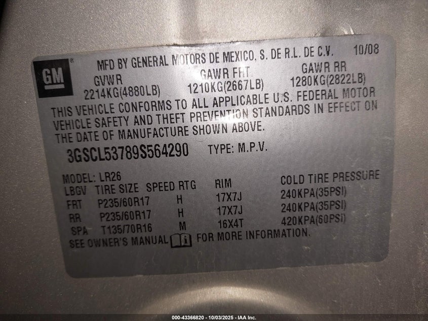 2009 Saturn Vue V6 Xr VIN: 3GSCL53789S564290 Lot: 43366820