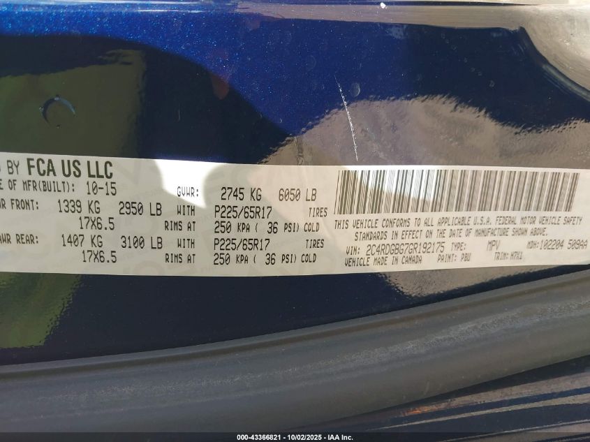 2016 Dodge Grand Caravan American Value Pkg VIN: 2C4RDGBG7GR192175 Lot: 43366821