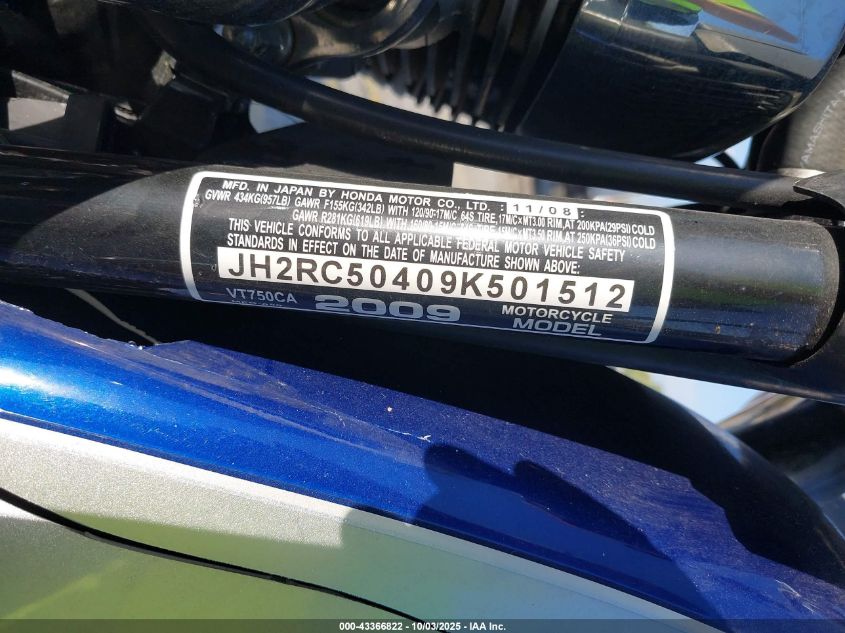 2009 Honda Vt750 C VIN: JH2RC50409K501512 Lot: 43366822