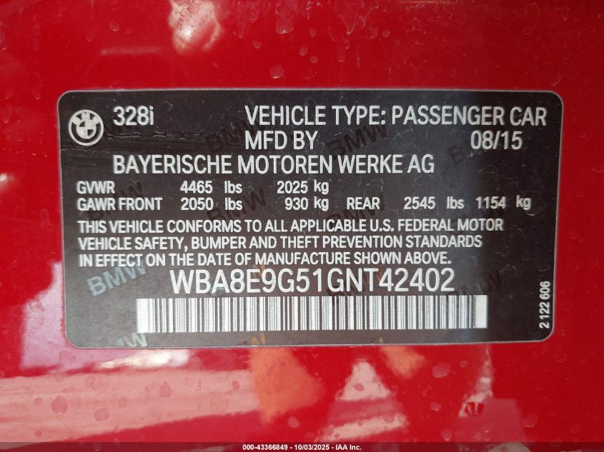 2016 BMW 328I VIN: WBA8E9G51GNT42402 Lot: 43366849