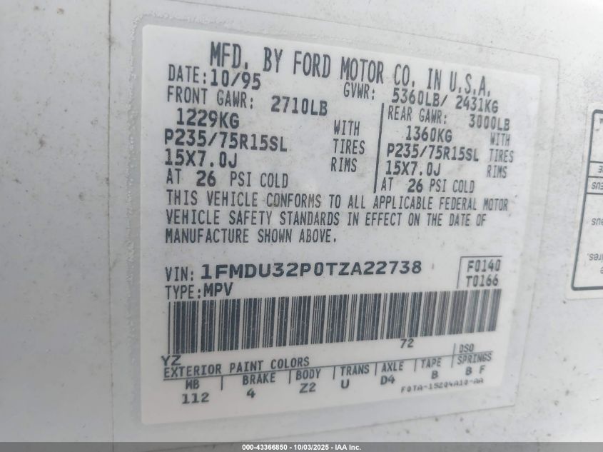 1996 Ford Explorer VIN: 1FMDU32P0TZA22738 Lot: 43366850